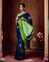 Green and Navy Blue Saree with Silver Floral Design and Heavy Silver Pallu