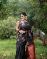 Luxury Black Saree with a Stunning Red Pallu and Golden Flower Design