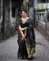 Luxurious Black Banarasi Saree with Fancy Border and Golden Pallu