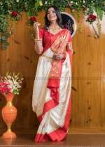 “Elegant Golden Flower Pallu Saree with Red and White Contrast”