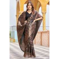 Royal Black and Coffee Saree with Intricate Allovar Floral Design